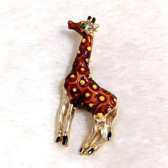 Vintage 1980's Enamel & Goldtone Giraffe Brooche - Picture 5 of 9